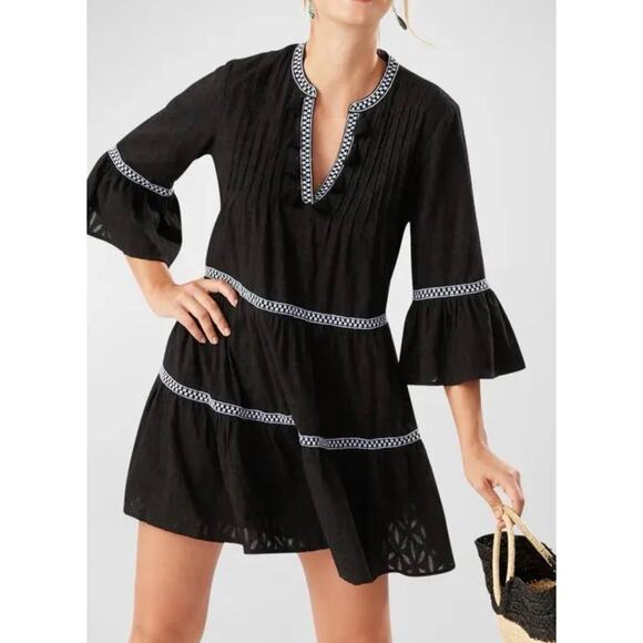 Tommy Bahama Embroidered Tassel Tunic Mini Dress Size Small Black V-Neck Cotton - Picture 1 of 7
